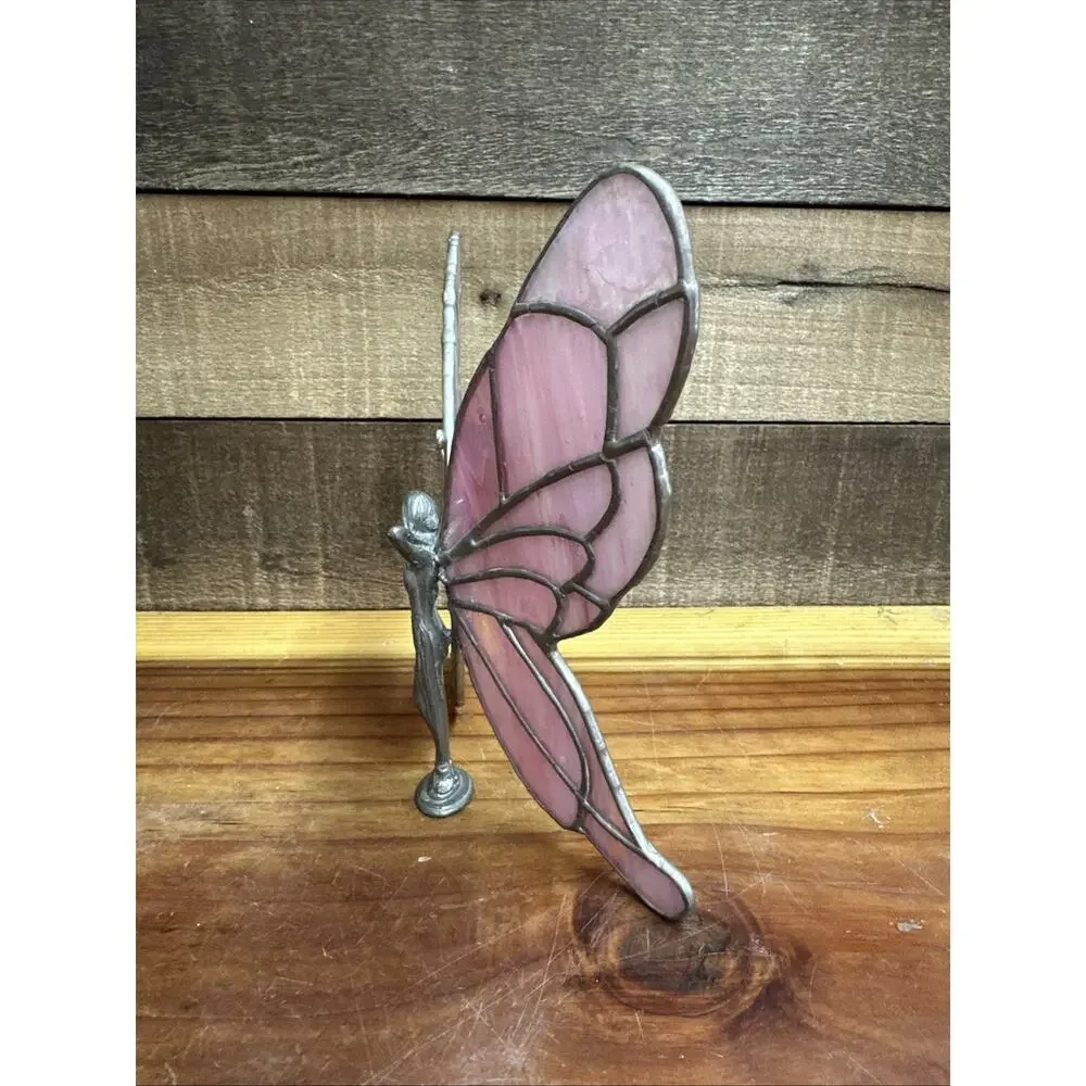 Flaw-Vintage Lead Pewter Fairy with Pink Stained Glass Wings -read